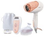 Set epilator Philips Satinelle HP6542/00, Perie si uscator, 21 puncte de prindere, 2 viteze, Alb/Piersica – un cadou perfect pentru orice femeie
