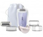 Epilator Philips Satin Soft HP6523/02, Wet & Dry, Discuri metalice, 20 puncte de prindere, 2 viteze, Alb/Mov – cu dispozitiv de întindere a pielii