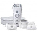 Epilator cu cap pivotant Braun SE 7681 Wet & Dry, 40 Pensete, 4 Accesorii, 2 Viteze, Alb/Gri + Cadou – Eficient pentru tuns, ras și epilat